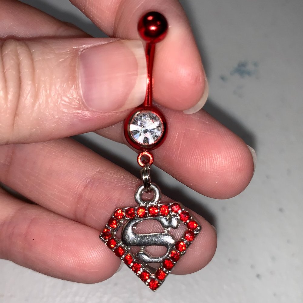 Red Super man Chrome Titanium plated with Red Shield Dangle Belly Ring, 14 gauge